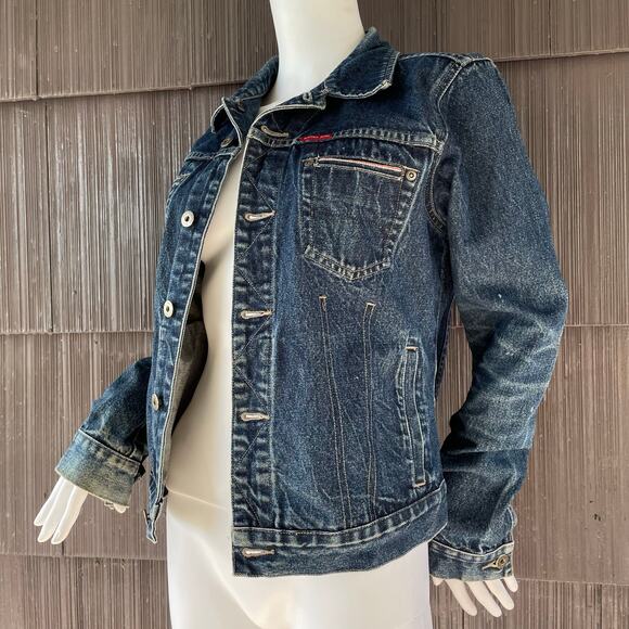 Nautica Jeans Company Jackets & Blazers - 🔥Vintage Nautica Y2K Trucker Grunge Dark Wash Blue Denim Jacket Women Size M-L